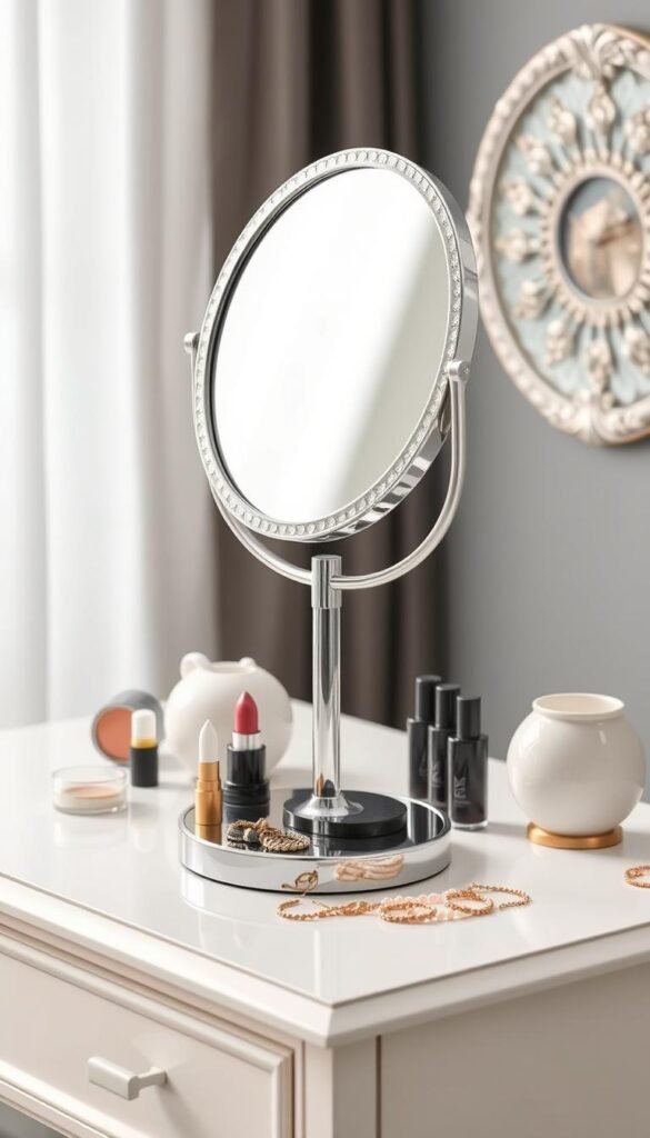 Decorative tabletop vanity mirror on a dressing table Decorative tabletop vanity mirror on a dressing table