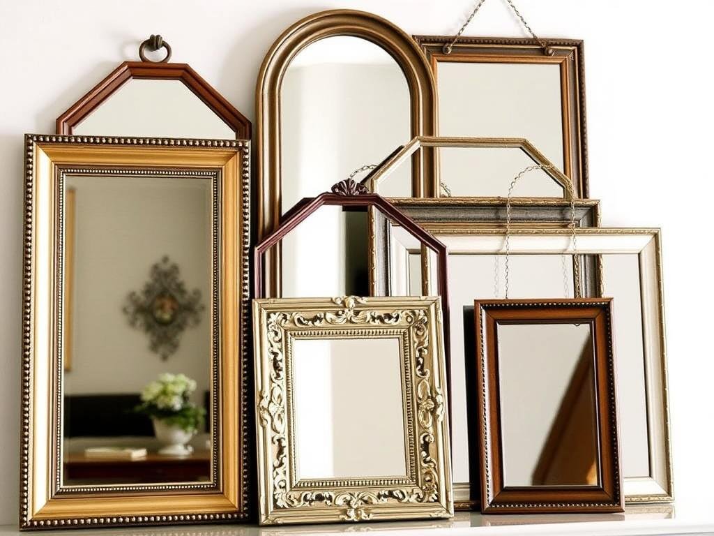Decorative vignette with layered mirrors of different sizes and frames Decorative vignette with layered mirrors of different sizes and frames