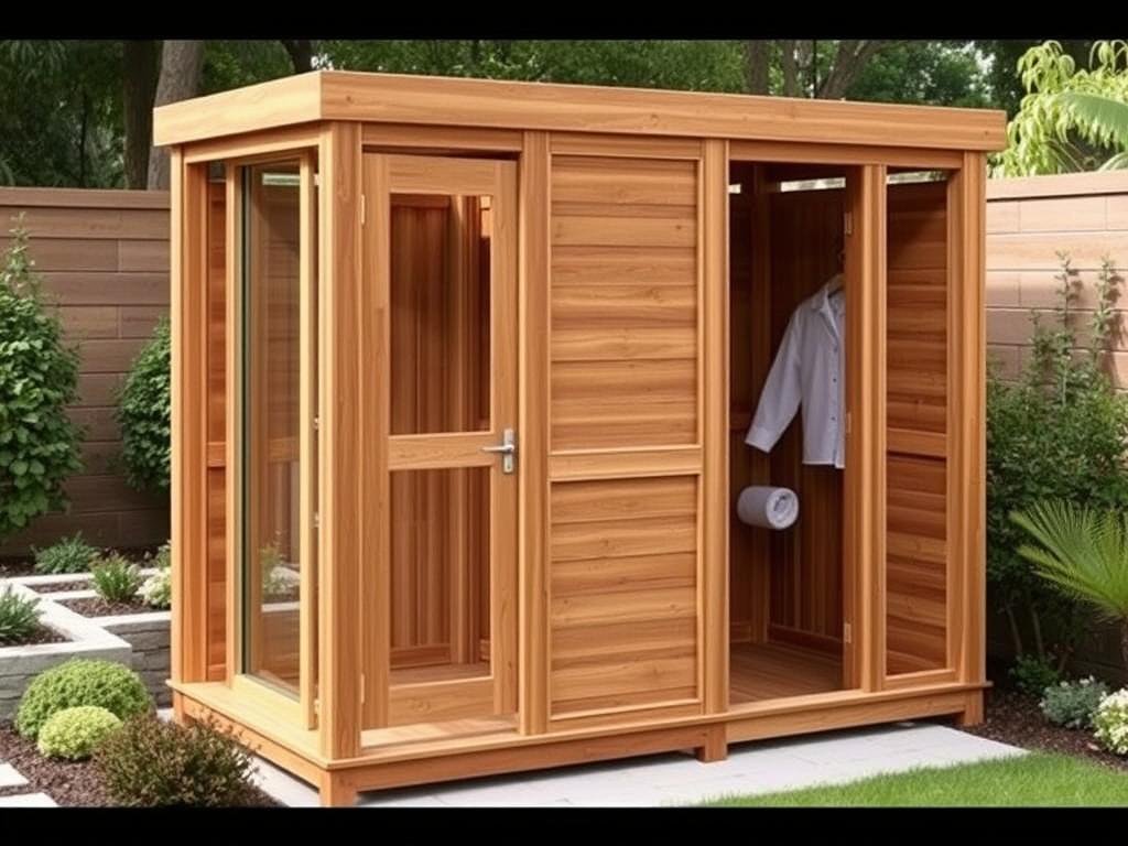 Deluxe outdoor shower enclosure with changing room Deluxe outdoor shower enclosure with changing room