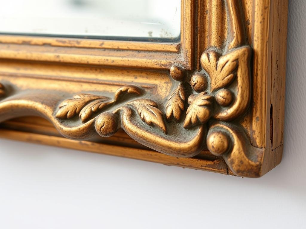 Detailed view of an antique mirror frame showing hand-carved details and authentic aging Detailed view of an antique mirror frame showing hand-carved details and authentic aging