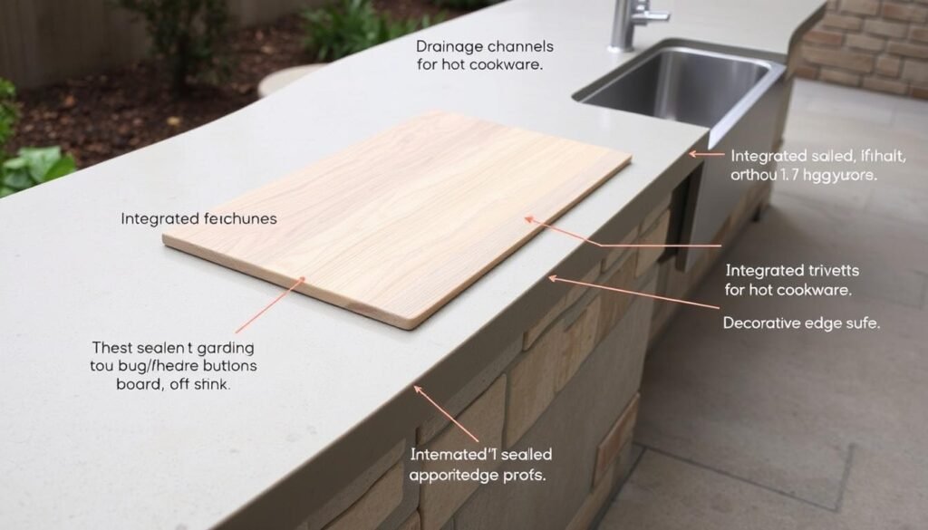 Detailed view of concrete countertop with integrated features like cutting board and drain board