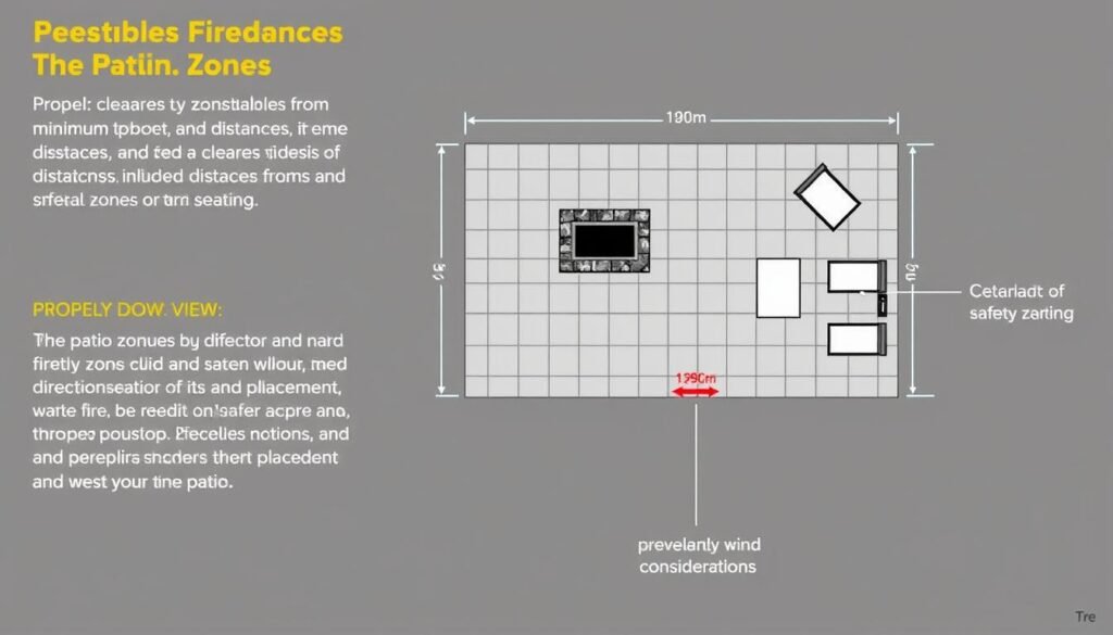 Diagram showing proper clearances and safety zones for an outdoor fireplace patio