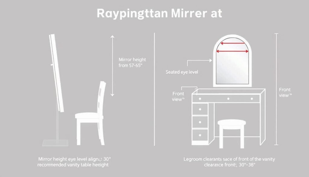 Diagram showing proper ergonomic measurements for vanity mirror setup Diagram showing proper ergonomic measurements for vanity mirror setup