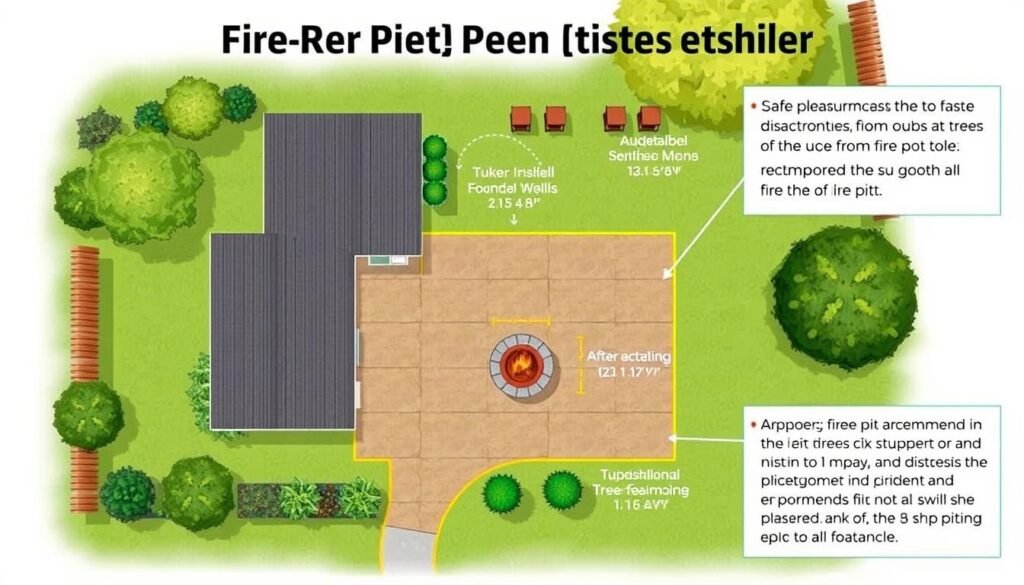 Diagram showing proper fire pit placement with safety clearances in a backyard Diagram showing proper fire pit placement with safety clearances in a backyard