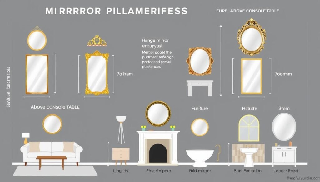 Diagram showing proper mirror placement heights and proportions for different rooms Diagram showing proper mirror placement heights and proportions for different rooms