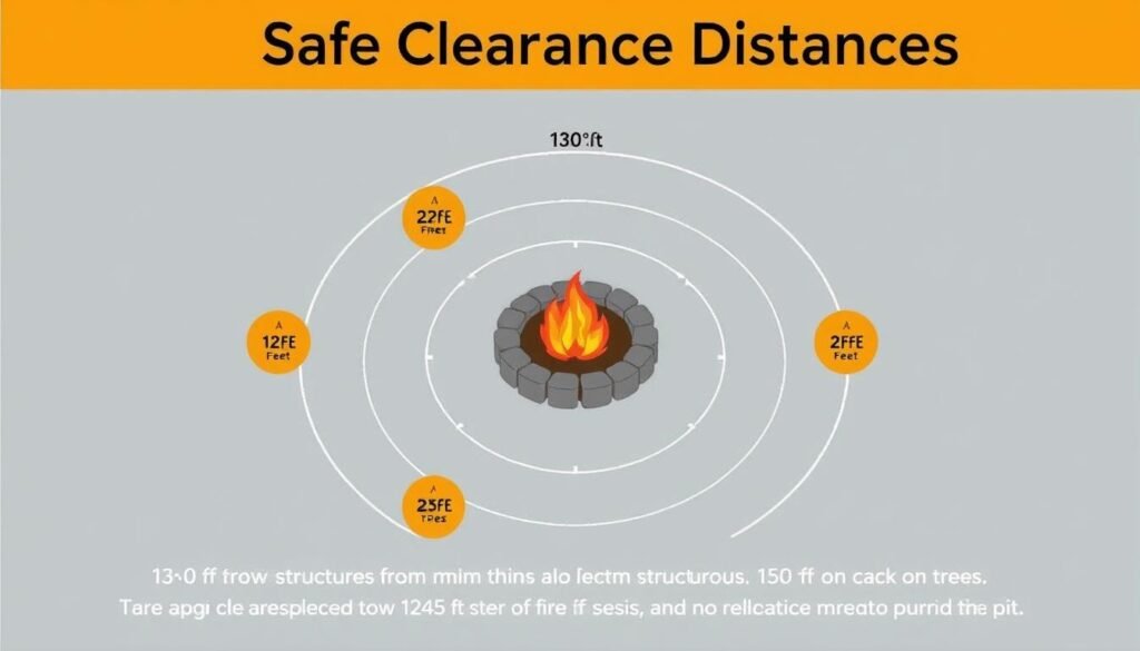 Diagram showing safe clearance distances for an outdoor fire pit area