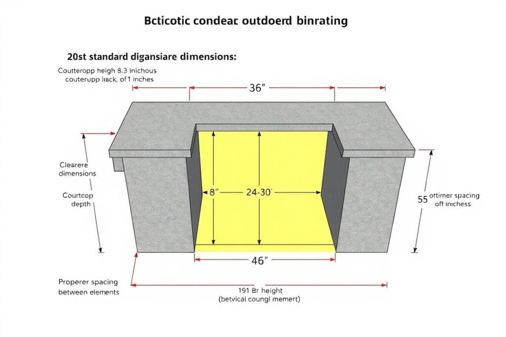 Diagram showing standard dimensions for concrete outdoor kitchen countertops and spacing