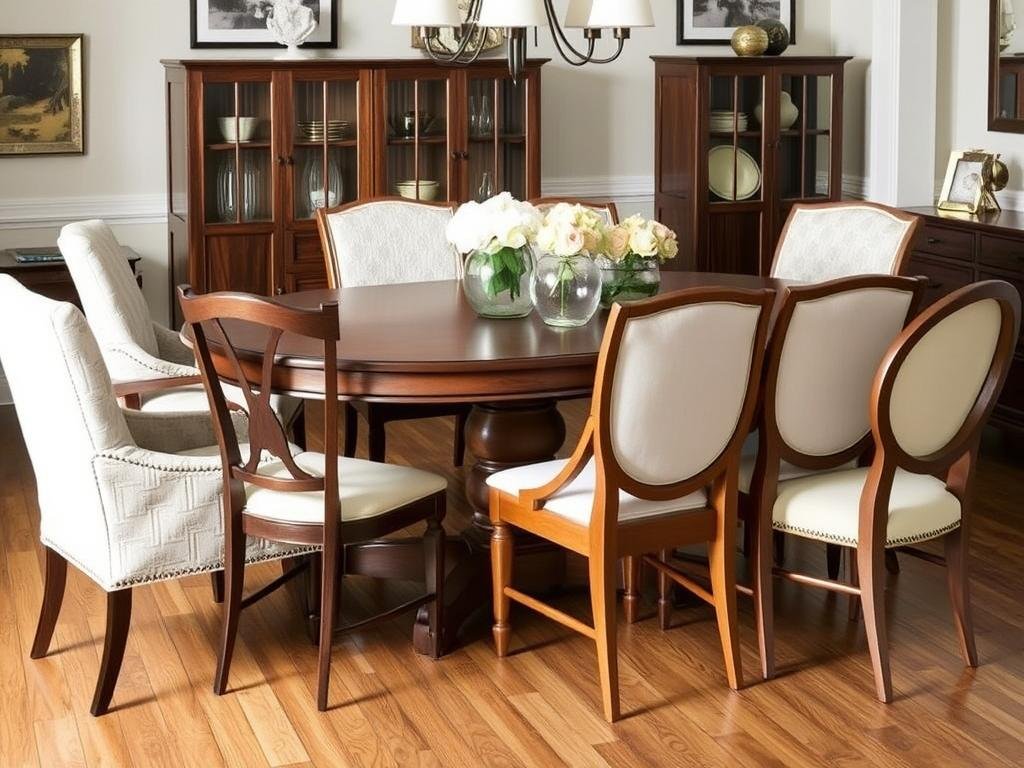 Dining area with mixed chair styles including upholstered, wooden, and accent chairs Dining area with mixed chair styles including upholstered, wooden, and accent chairs
