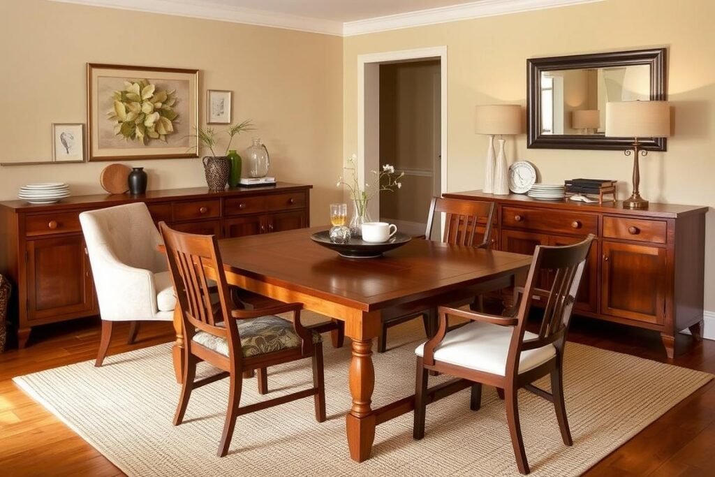 Dining room with a beautiful wooden table, mixed chair styles, and a sideboard with decorative elements Dining room with a beautiful wooden table, mixed chair styles, and a sideboard with decorative elements