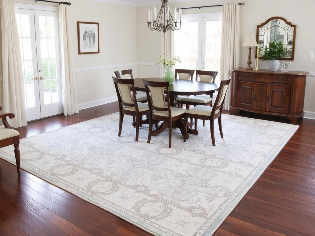 Dining room with a large area rug defining the space and adding color and pattern Dining room with a large area rug defining the space and adding color and pattern
