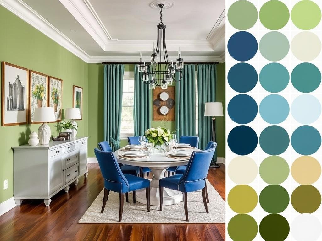 Dining room with analogous color scheme of green, blue-green, and blue