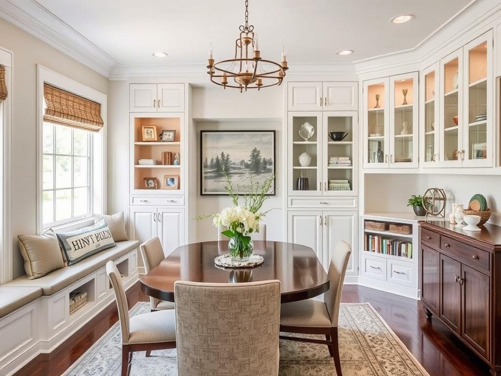 Dining room with built-in storage solutions including window seats with storage and wall cabinets Dining room with built-in storage solutions including window seats with storage and wall cabinets