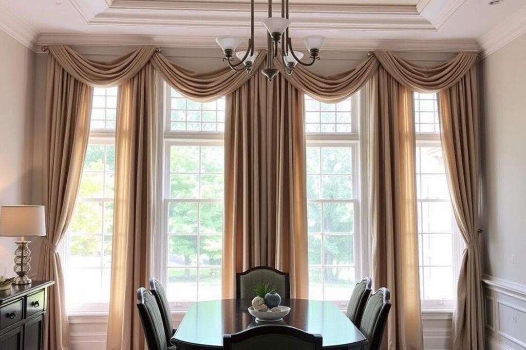 Dining room with elegant drapery panels framing windows and filtering natural light Dining room with elegant drapery panels framing windows and filtering natural light
