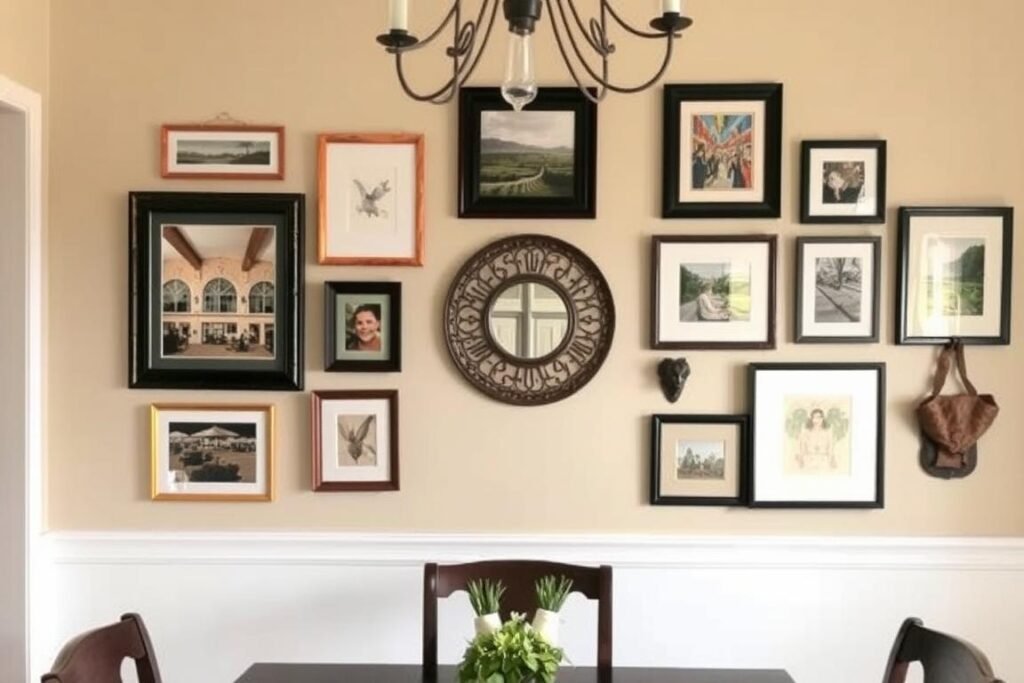 Dining room with gallery wall featuring a mix of framed artwork, mirrors, and decorative objects Dining room with gallery wall featuring a mix of framed artwork, mirrors, and decorative objects