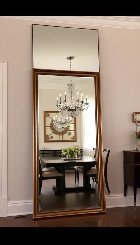 Dining room with large floor mirror leaning against wall creating dramatic effect Dining room with large floor mirror leaning against wall creating dramatic effect