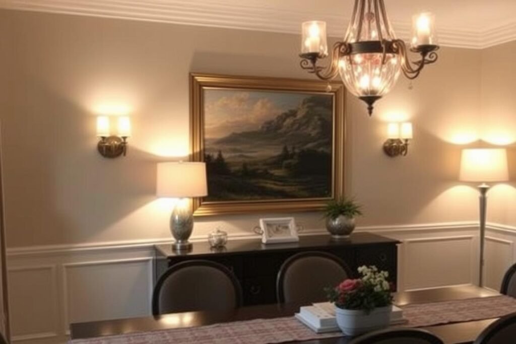 Dining room with layered lighting including wall sconces, table lamps on a sideboard, and ambient lighting Dining room with layered lighting including wall sconces, table lamps on a sideboard, and ambient lighting