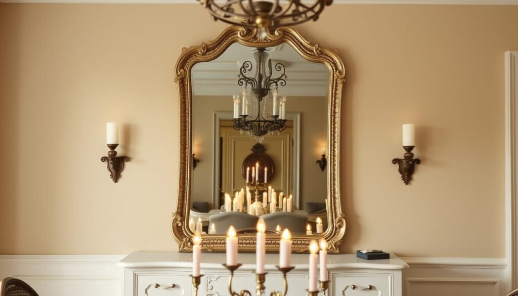 Dining room with mirror above buffet reflecting candlelight and table setting Dining room with mirror above buffet reflecting candlelight and table setting