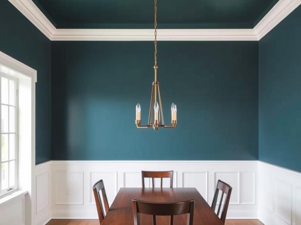 Dining room with rich colored walls, wainscoting, and textural elements creating depth Dining room with rich colored walls, wainscoting, and textural elements creating depth