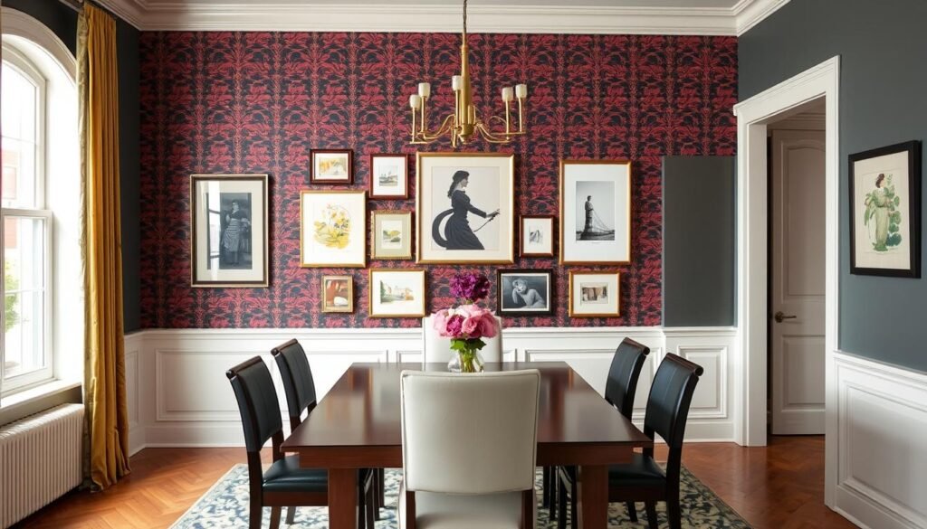 Dining room with statement wall featuring bold wallpaper, framed art, and complementary decor Dining room with statement wall featuring bold wallpaper, framed art, and complementary decor