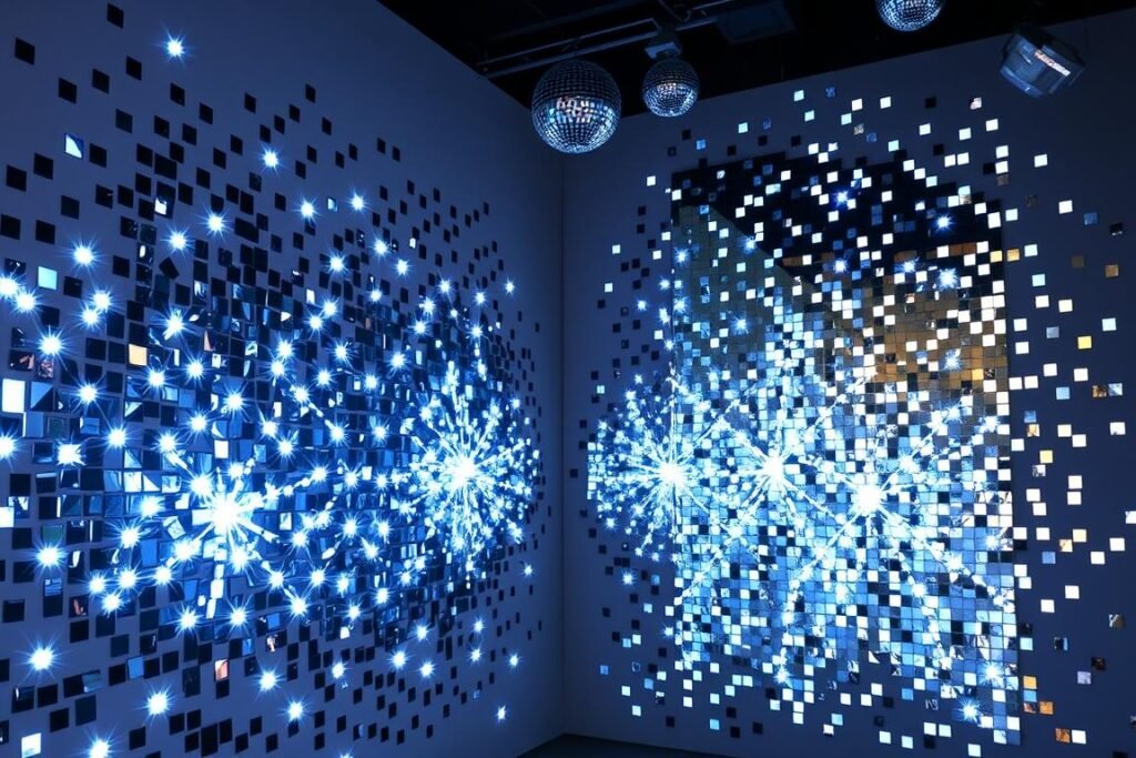 Disco ball inspired mirror installation creating multiple light reflections Disco ball inspired mirror installation creating multiple light reflections