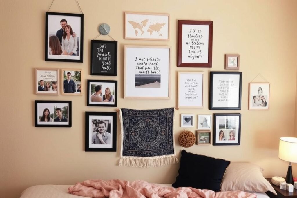 Dorm room wall gallery with photos, prints, and tapestry Dorm room wall gallery with photos, prints, and tapestry