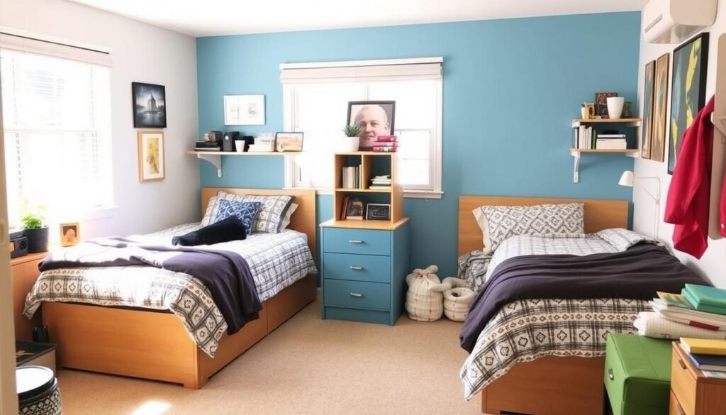 Dorm room with coordinated but personalized sides for two roommates Dorm room with coordinated but personalized sides for two roommates