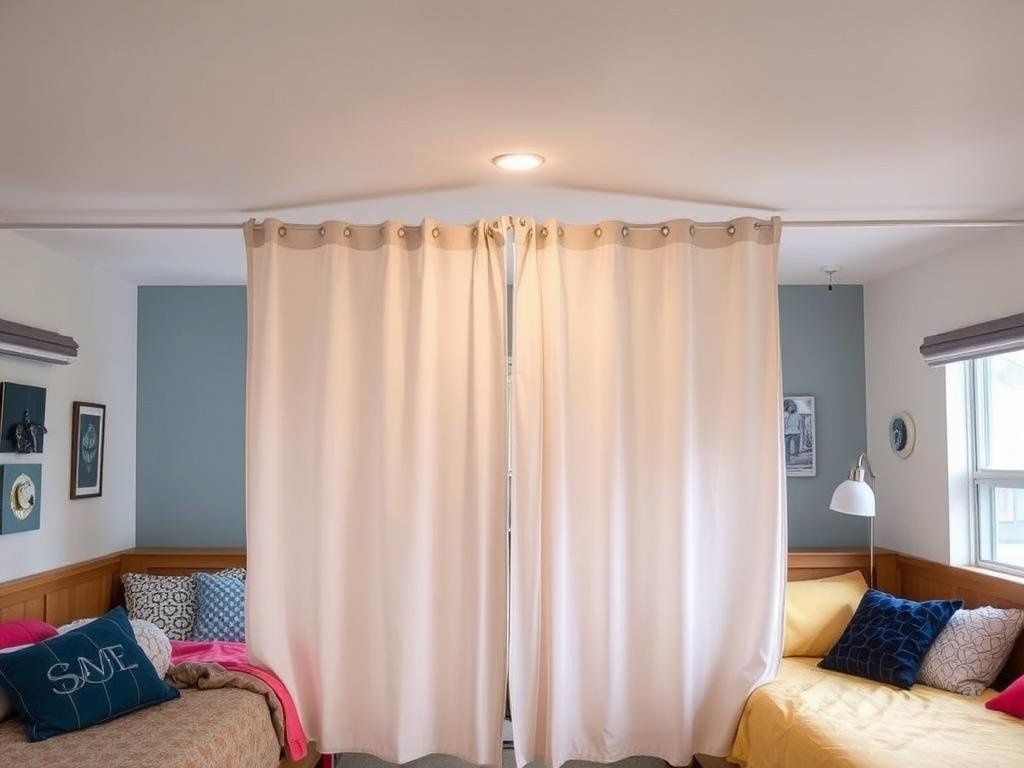 Dorm room with curtain divider creating separate spaces Dorm room with curtain divider creating separate spaces