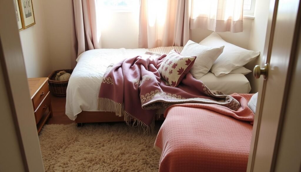 Dorm room with layered textiles including rug, throw pillows, and curtains Dorm room with layered textiles including rug, throw pillows, and curtains