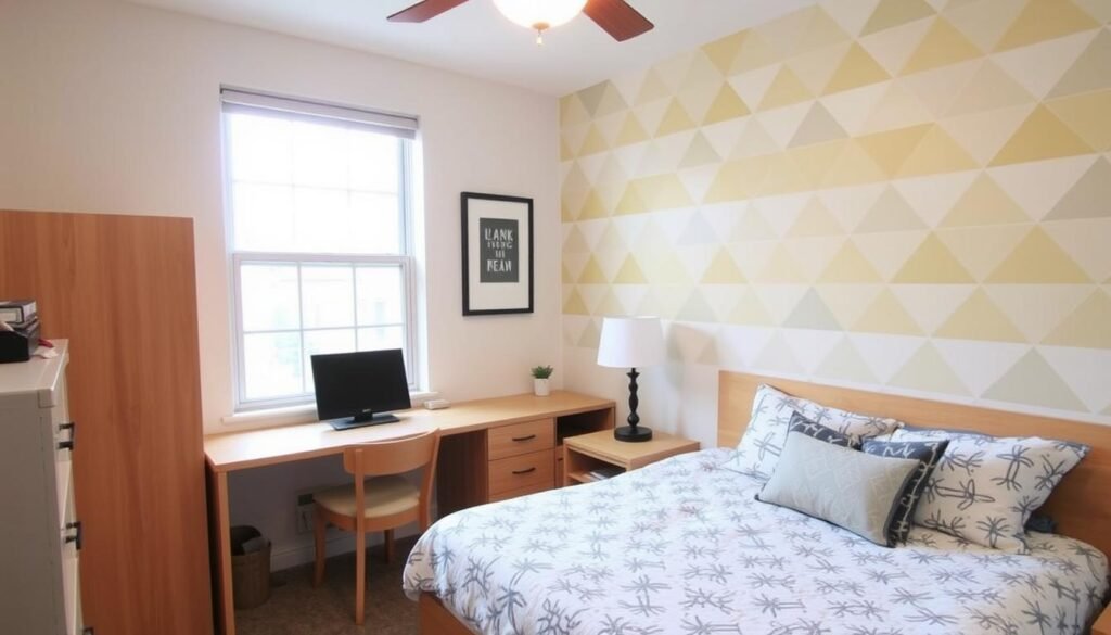 Dorm room with peel-and-stick wallpaper accent wall Dorm room with peel-and-stick wallpaper accent wall