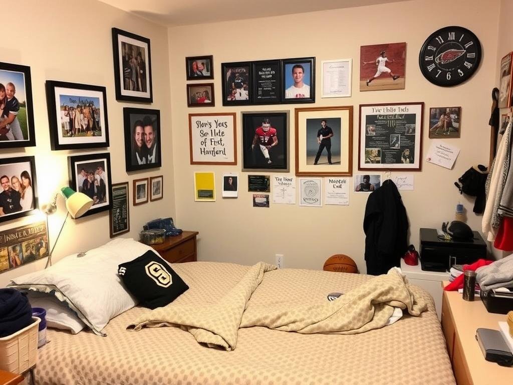 Dorm room with personalized decor including photos, memorabilia, and hobby items Dorm room with personalized decor including photos, memorabilia, and hobby items