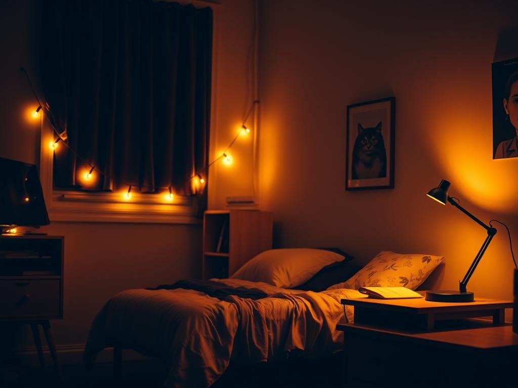Dorm room with string lights and desk lamp creating warm ambiance Dorm room with string lights and desk lamp creating warm ambiance
