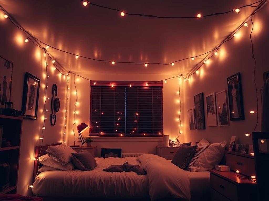 Dorm room with string lights creating warm ambient lighting Dorm room with string lights creating warm ambient lighting