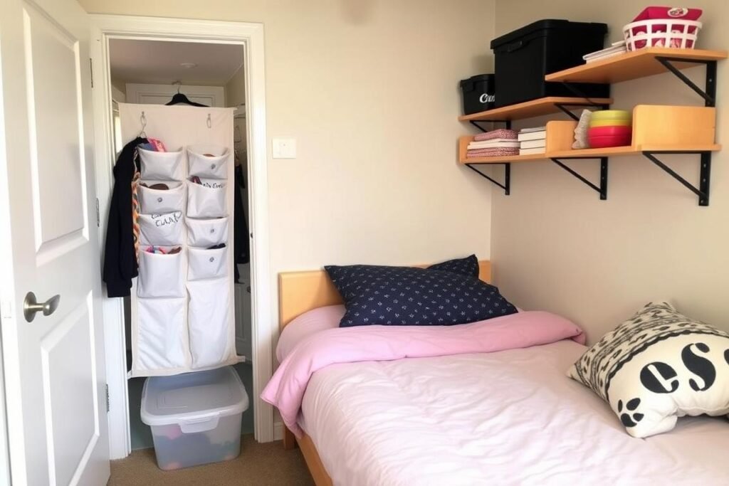 Dorm room with under-bed storage and over-door organizers Dorm room with under-bed storage and over-door organizers