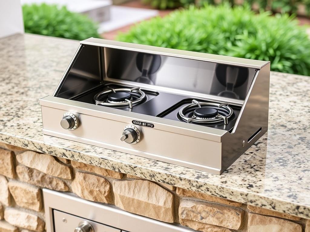 Double side burner installed in outdoor kitchen countertop