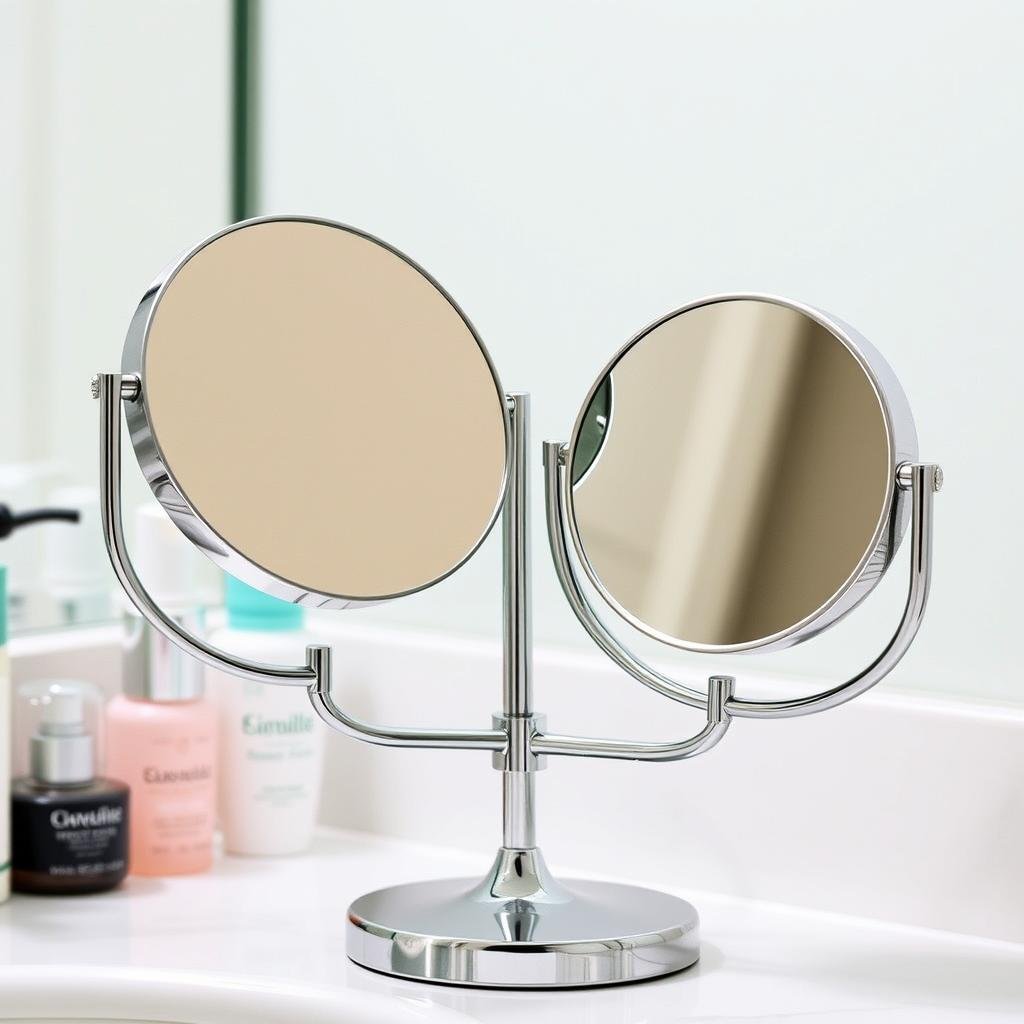 Double-sided magnifying vanity mirror with standard and 10x magnification Double-sided magnifying vanity mirror with standard and 10x magnification