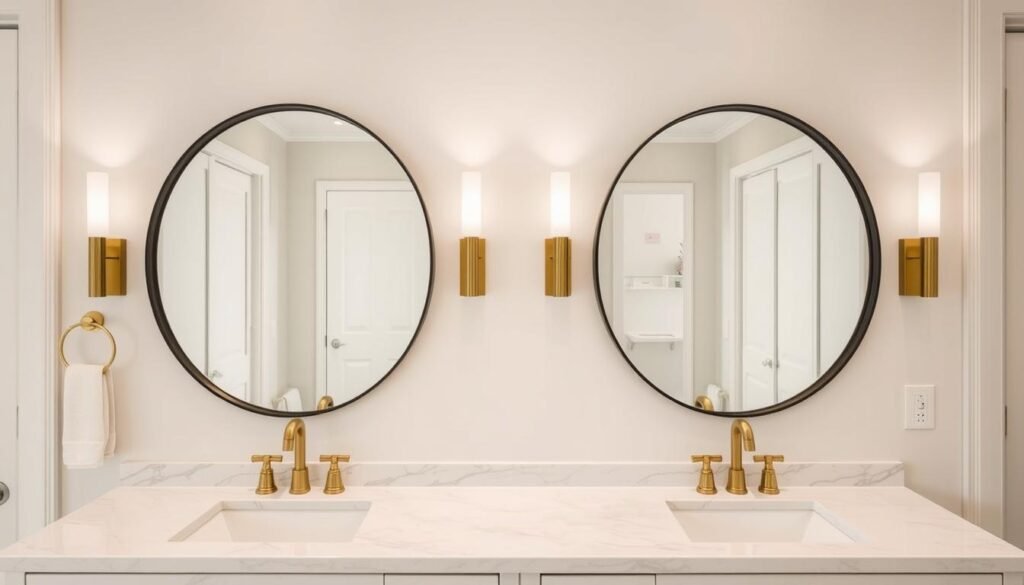 Double vanity bathroom with two matching round mirrors and wall sconces Double vanity bathroom with two matching round mirrors and wall sconces