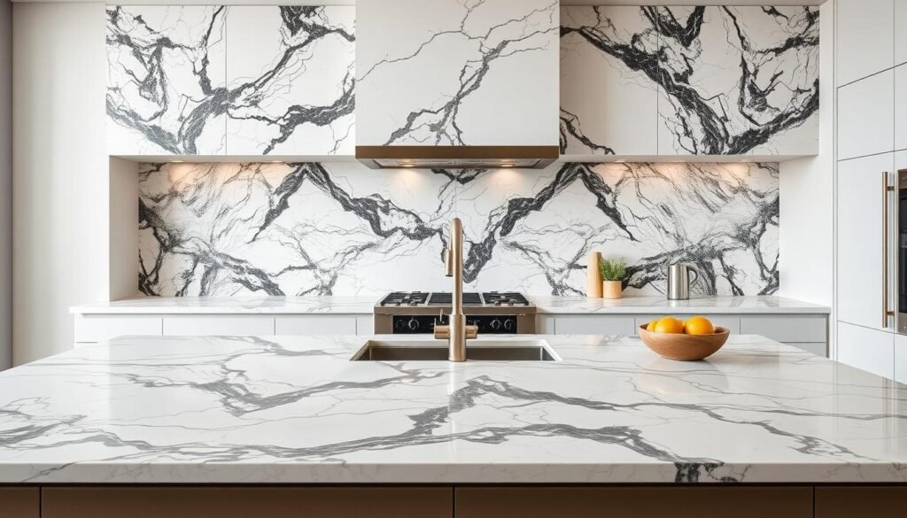 Dramatic veined marble slab extending from countertop to backsplash showcasing 2026 kitchen trends Dramatic veined marble slab extending from countertop to backsplash showcasing 2026 kitchen trends