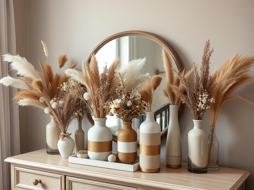 Dried flowers and pampas grass in decorative vases Dried flowers and pampas grass in decorative vases