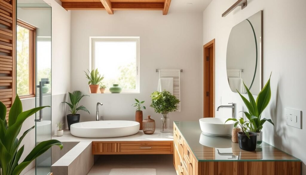 Eco-friendly master bathroom with sustainable materials and fixtures Eco-friendly master bathroom with sustainable materials and fixtures