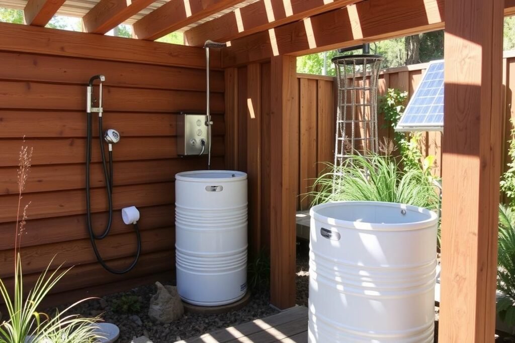 Eco-friendly outdoor shower with rainwater collection system