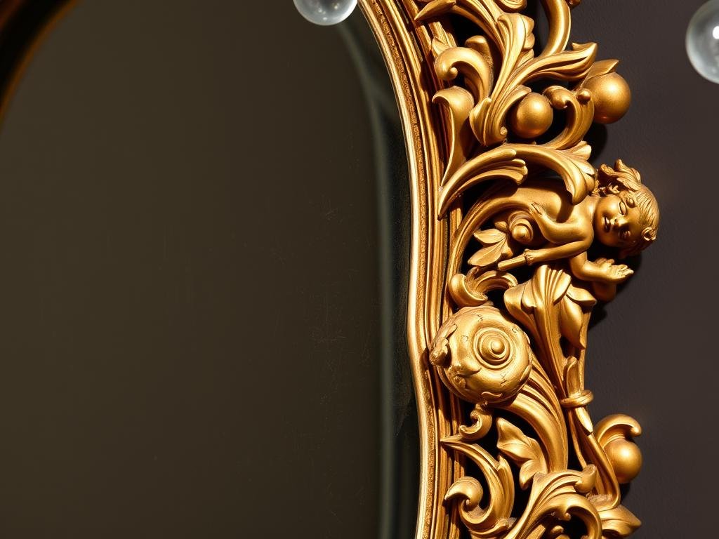 Elaborate gold gilt Baroque mirror with carved cherubs and scrollwork showing significant patina Elaborate gold gilt Baroque mirror with carved cherubs and scrollwork showing significant patina