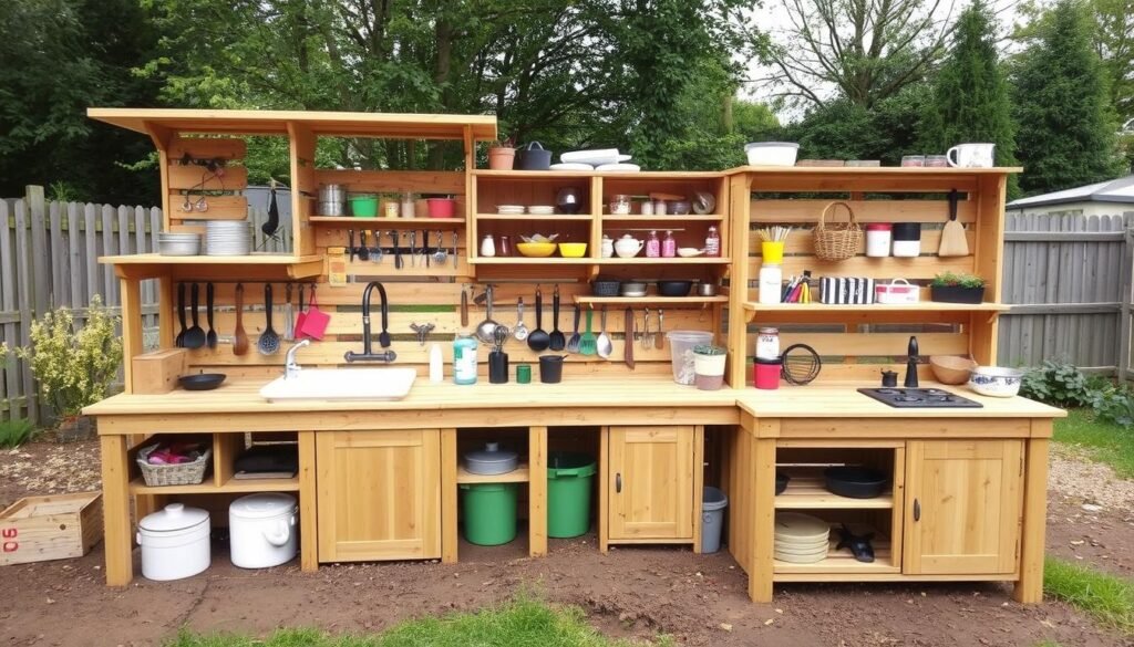 Elaborate multi-level DIY mud kitchen with multiple play areas and storage Elaborate multi-level DIY mud kitchen with multiple play areas and storage