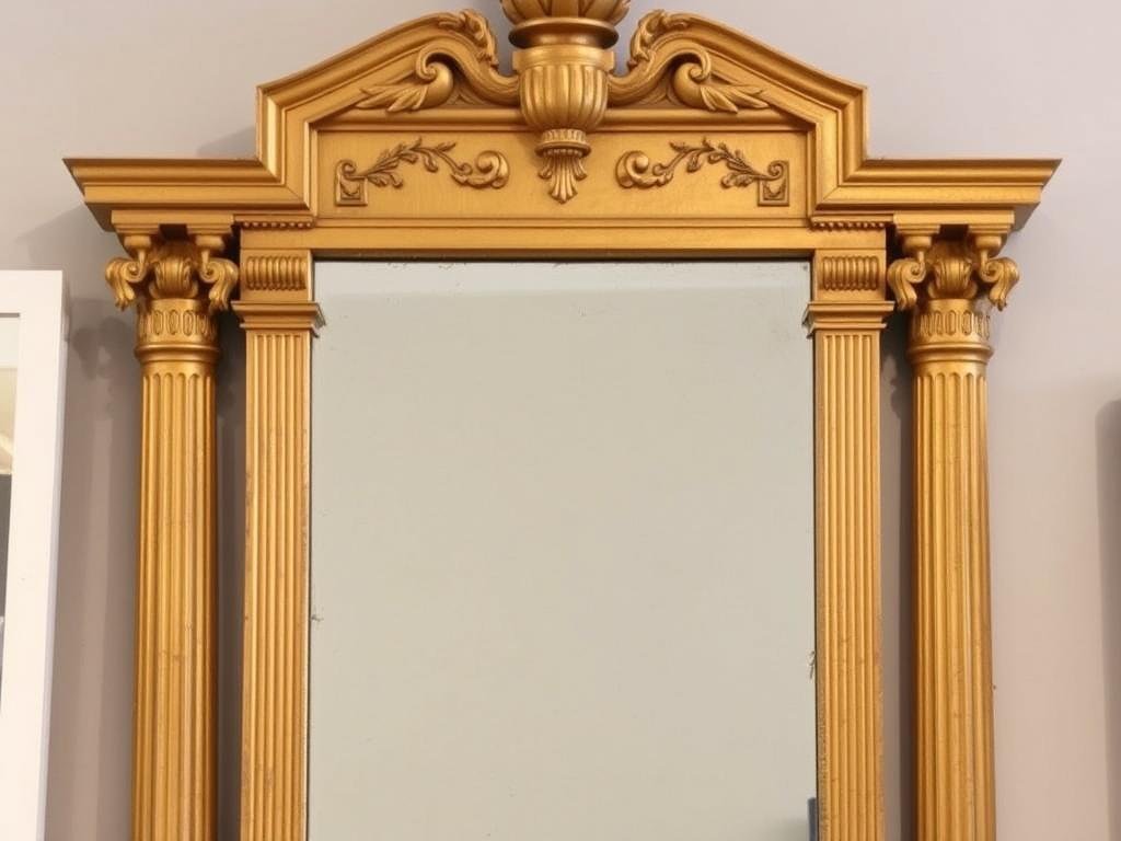 Elegant Neoclassical mirror with symmetrical design, column details, and aged gold finish Elegant Neoclassical mirror with symmetrical design, column details, and aged gold finish