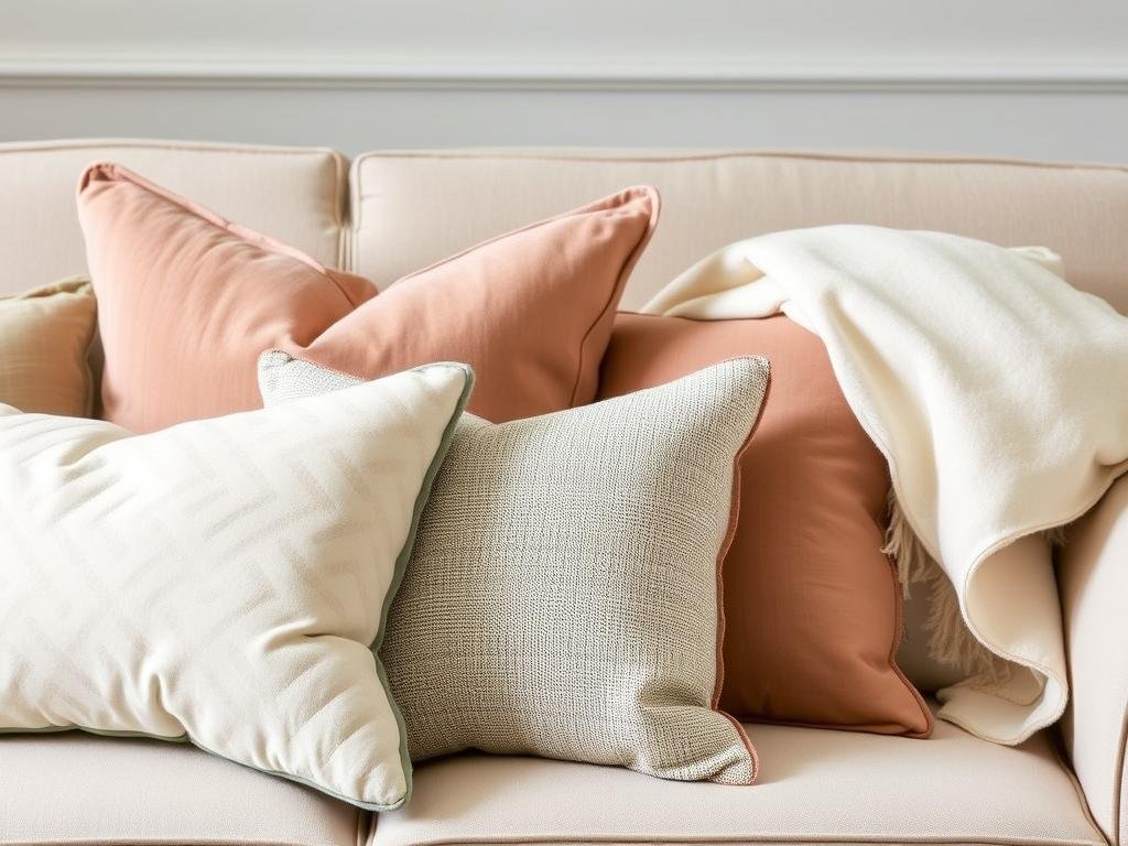 Elegant arrangement of textured throw pillows and a cashmere throw on a sofa Elegant arrangement of textured throw pillows and a cashmere throw on a sofa