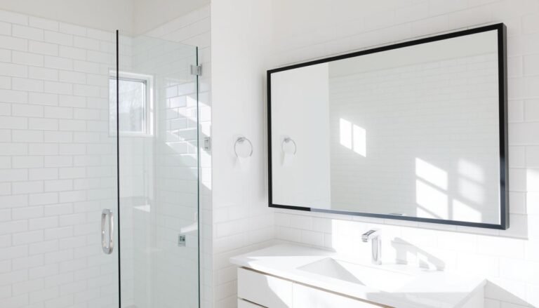 Elegant bathroom with a large framed mirror reflecting light and creating visual space