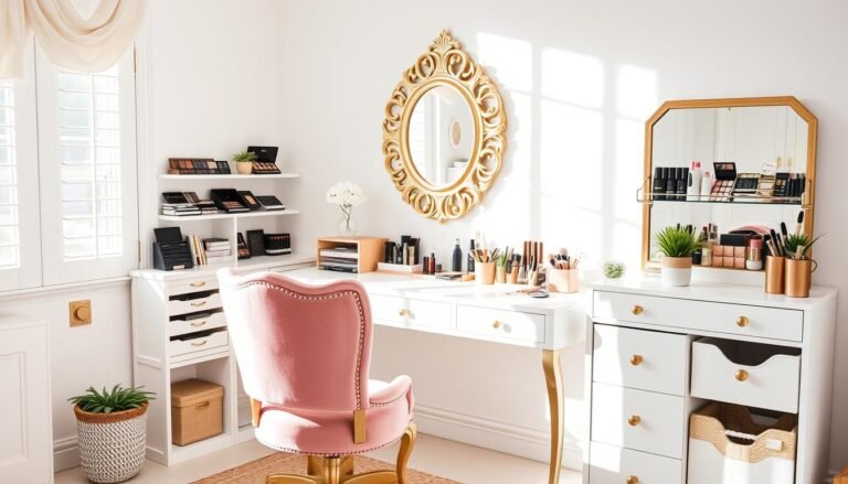 Elegant beauty room with vanity, pink accents, and organized makeup collection