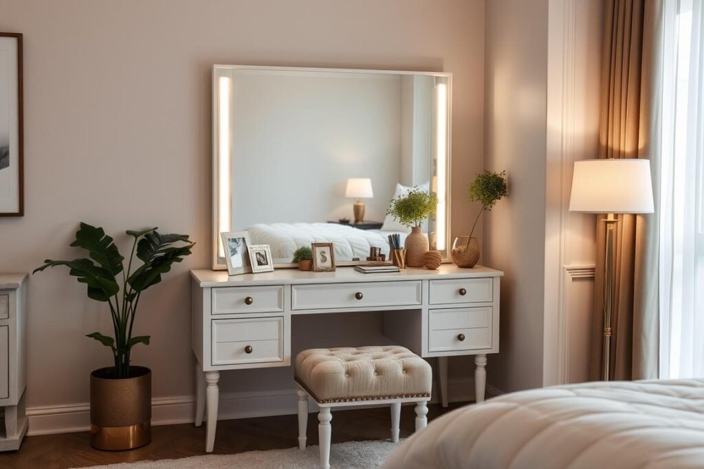 Elegant bedroom vanity mirror setup in a corner nook Elegant bedroom vanity mirror setup in a corner nook