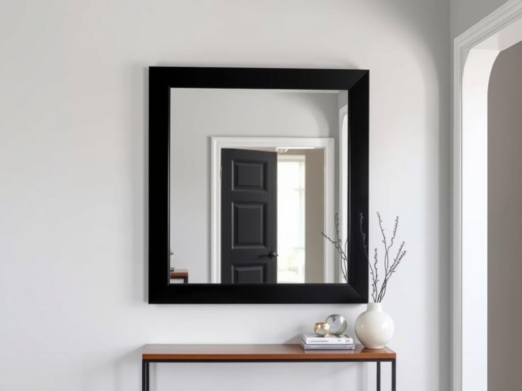 Elegant black-framed wall-mounted full length mirror in an entryway Elegant black-framed wall-mounted full length mirror in an entryway