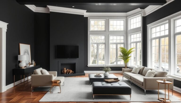 Elegant black living room with white accents and natural light