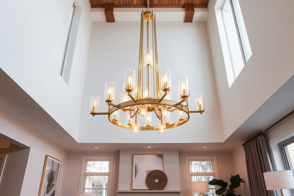 Elegant chandelier serving as a focal point in a sophisticated living room Elegant chandelier serving as a focal point in a sophisticated living room
